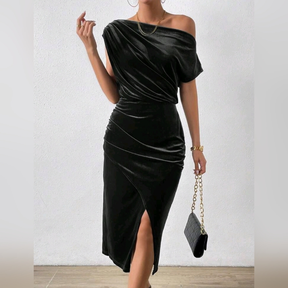 New Luxe Velvet Ruched Asymmetrical Neck Midi Dress Black